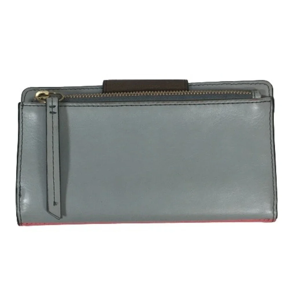 FOSSIL Colorblock Leather Wallet Credit Card Clutch Gray Peach Red & Yellow